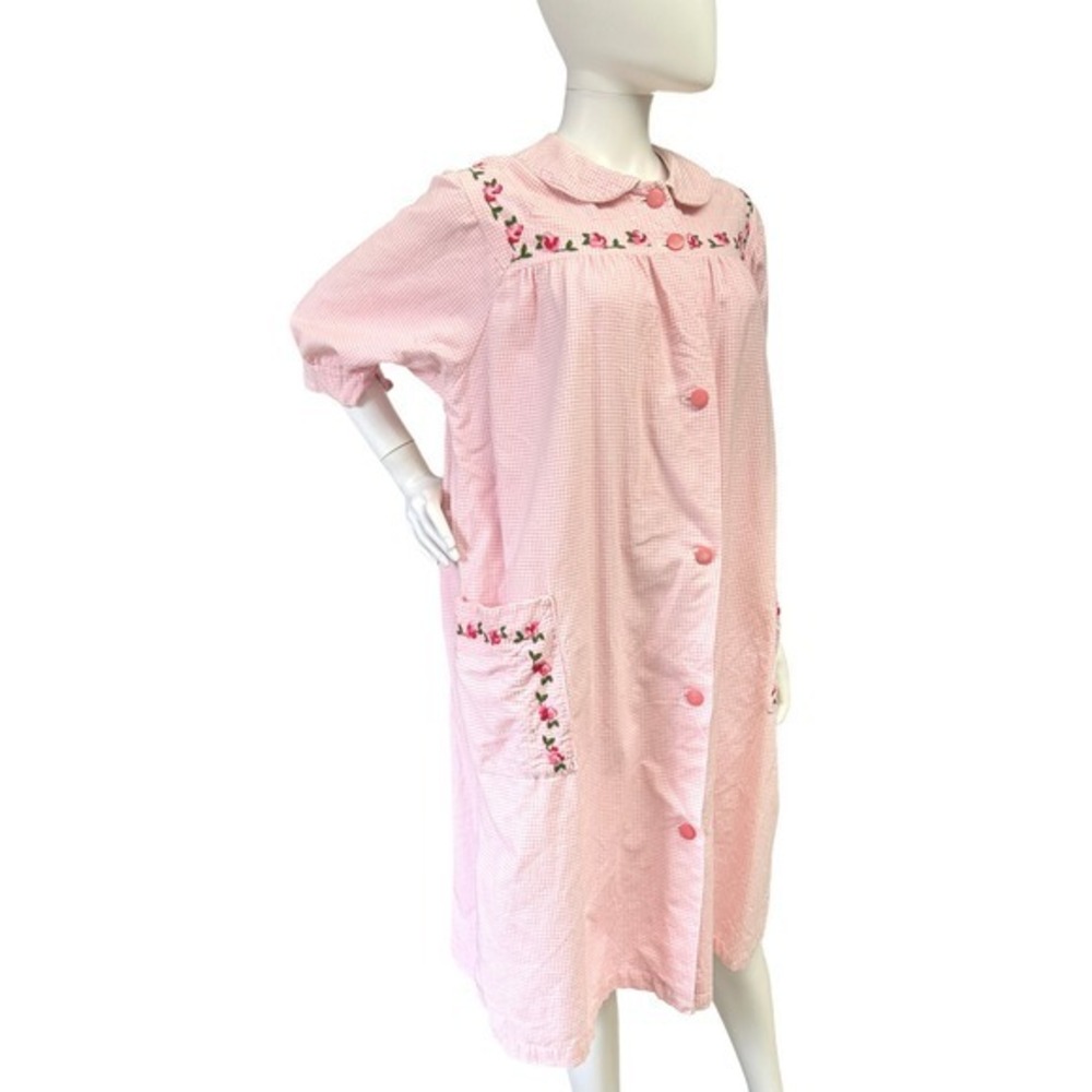 Vintage 80s Pink Gingham Embroidered Floral Nightgown Flannel House Dress‎ Large